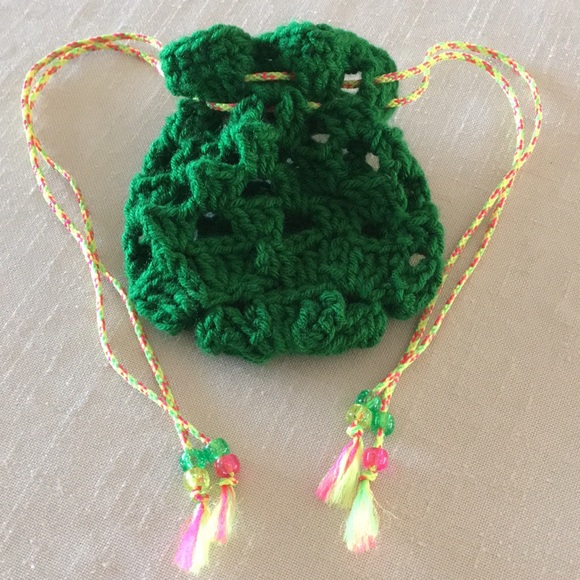 Hand Crafted Shamrock Bag Green Crochet with Yellow Drawstrings - Picture 9 of 9